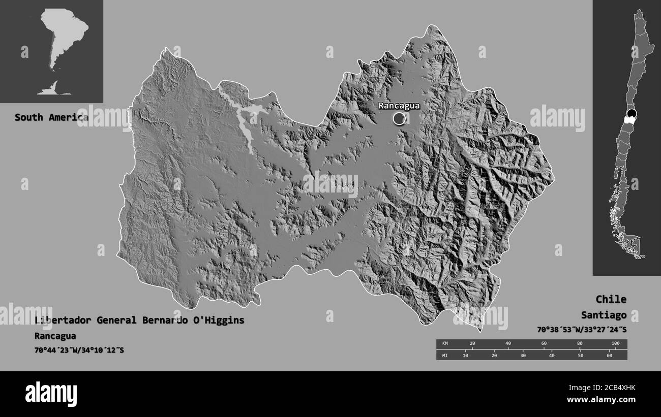 Shape of Libertador General Bernardo O'Higgins, region of Chile, and its capital. Distance scale, previews and labels. Bilevel elevation map. 3D rende Stock Photo