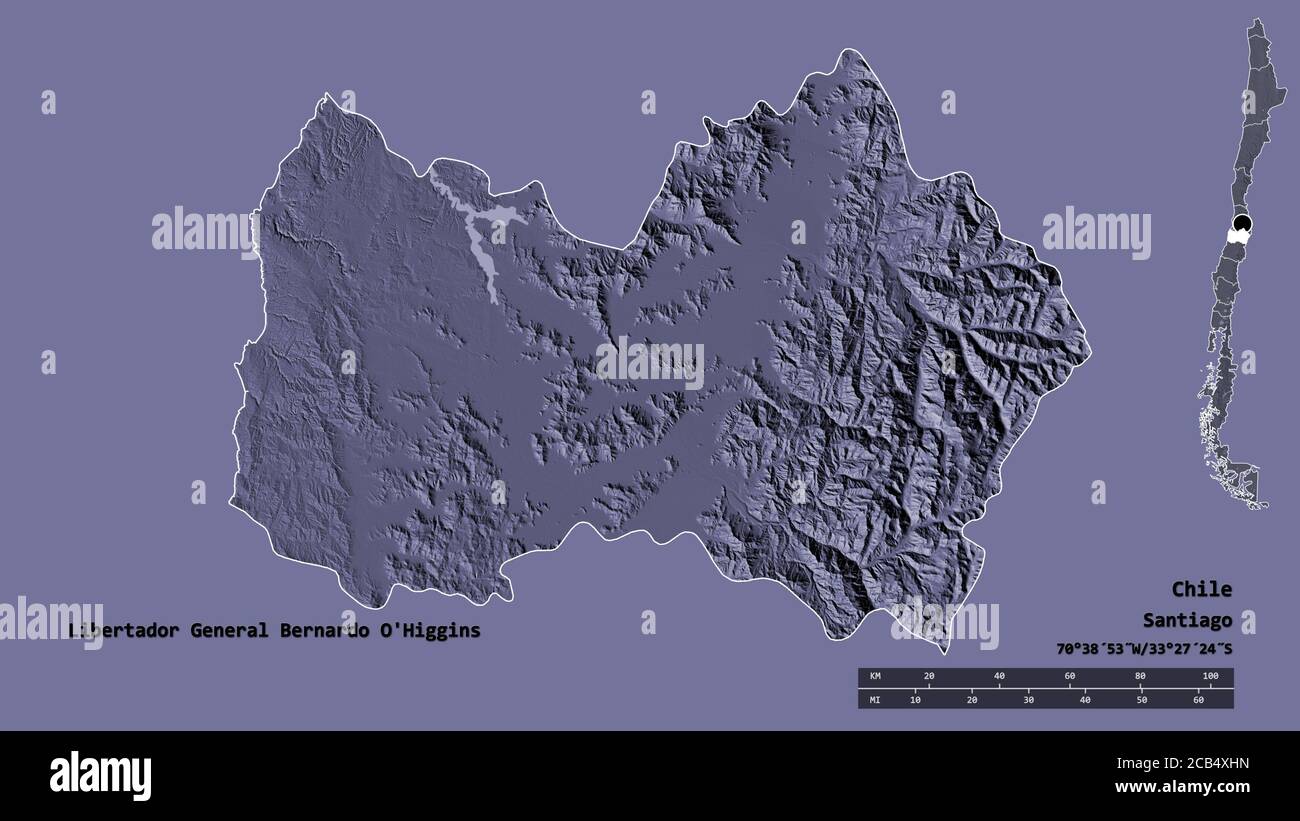 Shape of Libertador General Bernardo O'Higgins, region of Chile, with its capital isolated on solid background. Distance scale, region preview and lab Stock Photo