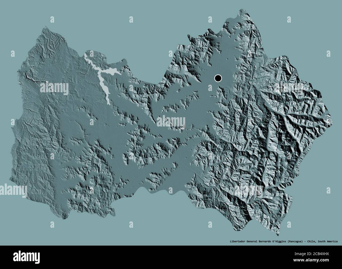 Shape of Libertador General Bernardo O'Higgins, region of Chile, with its capital isolated on a solid color background. Colored elevation map. 3D rend Stock Photo