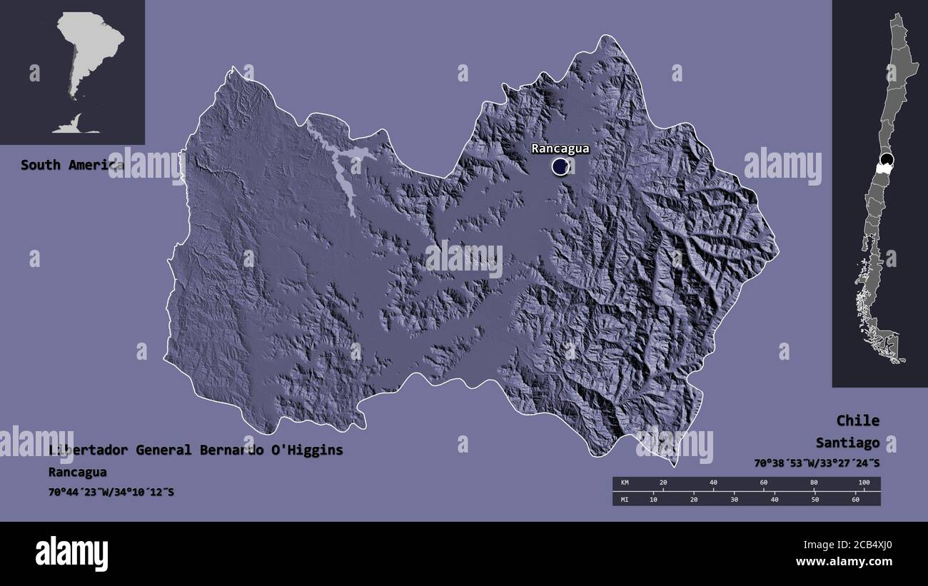 Shape of Libertador General Bernardo O'Higgins, region of Chile, and its capital. Distance scale, previews and labels. Colored elevation map. 3D rende Stock Photo