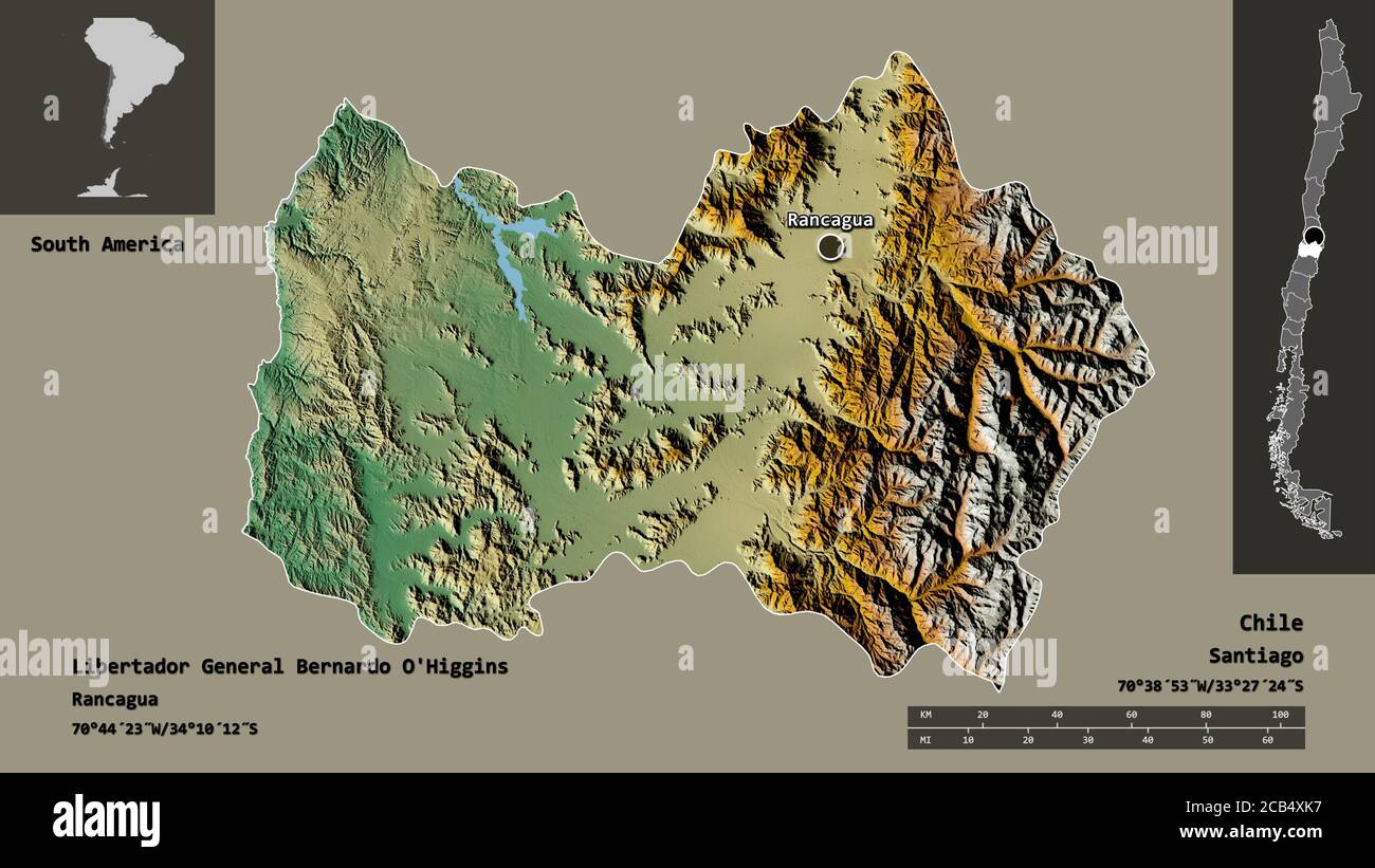 Shape of Libertador General Bernardo O'Higgins, region of Chile, and its capital. Distance scale, previews and labels. Topographic relief map. 3D rend Stock Photo