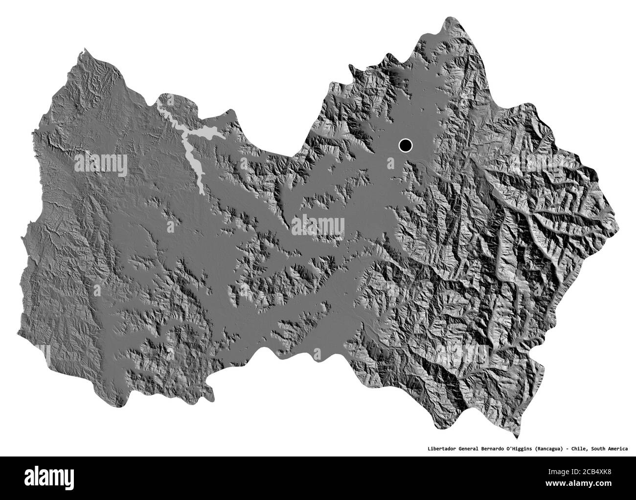 Shape of Libertador General Bernardo O'Higgins, region of Chile, with its capital isolated on white background. Bilevel elevation map. 3D rendering Stock Photo
