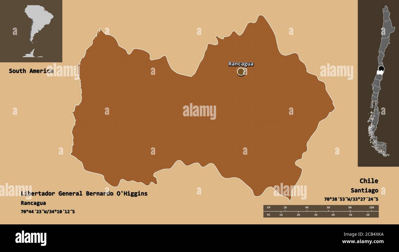 Shape of Libertador General Bernardo O'Higgins, region of Chile, and its capital. Distance scale, previews and labels. Composition of patterned textur Stock Photo