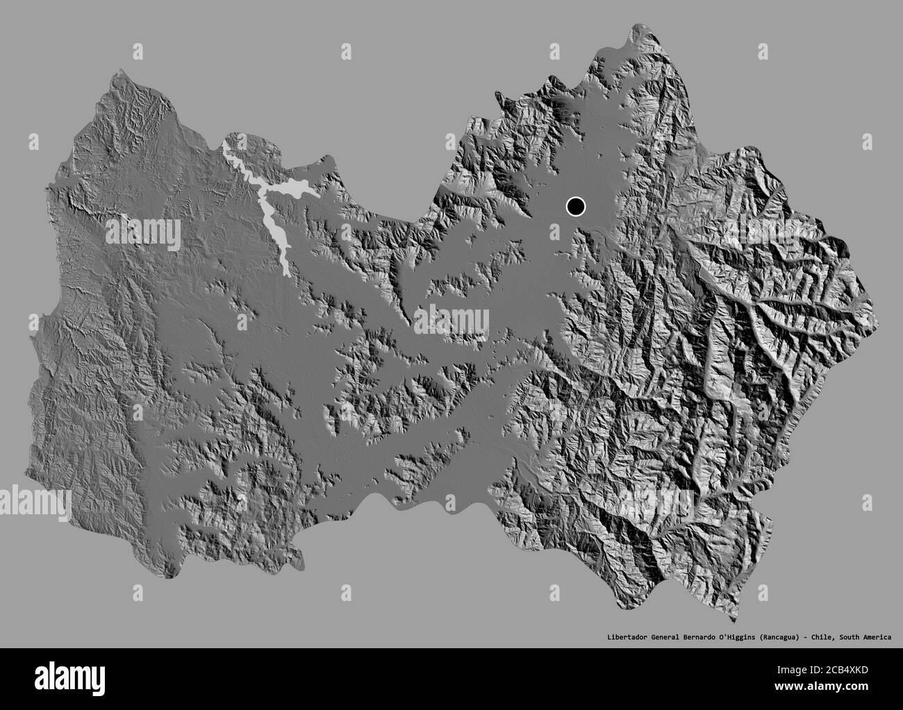 Shape of Libertador General Bernardo O'Higgins, region of Chile, with its capital isolated on a solid color background. Bilevel elevation map. 3D rend Stock Photo