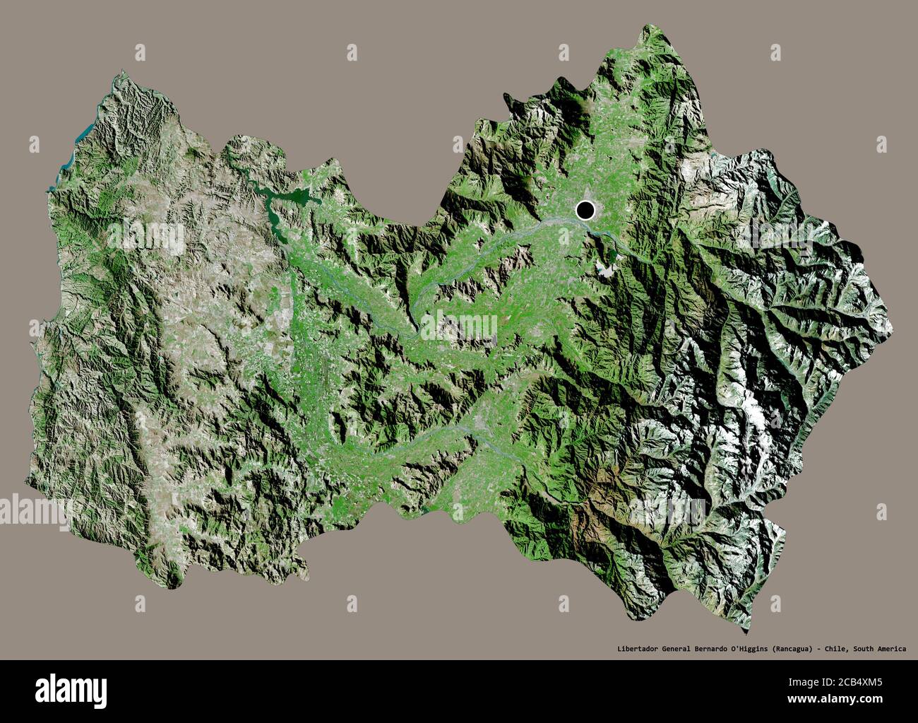 Shape of Libertador General Bernardo O'Higgins, region of Chile, with its capital isolated on a solid color background. Satellite imagery. 3D renderin Stock Photo