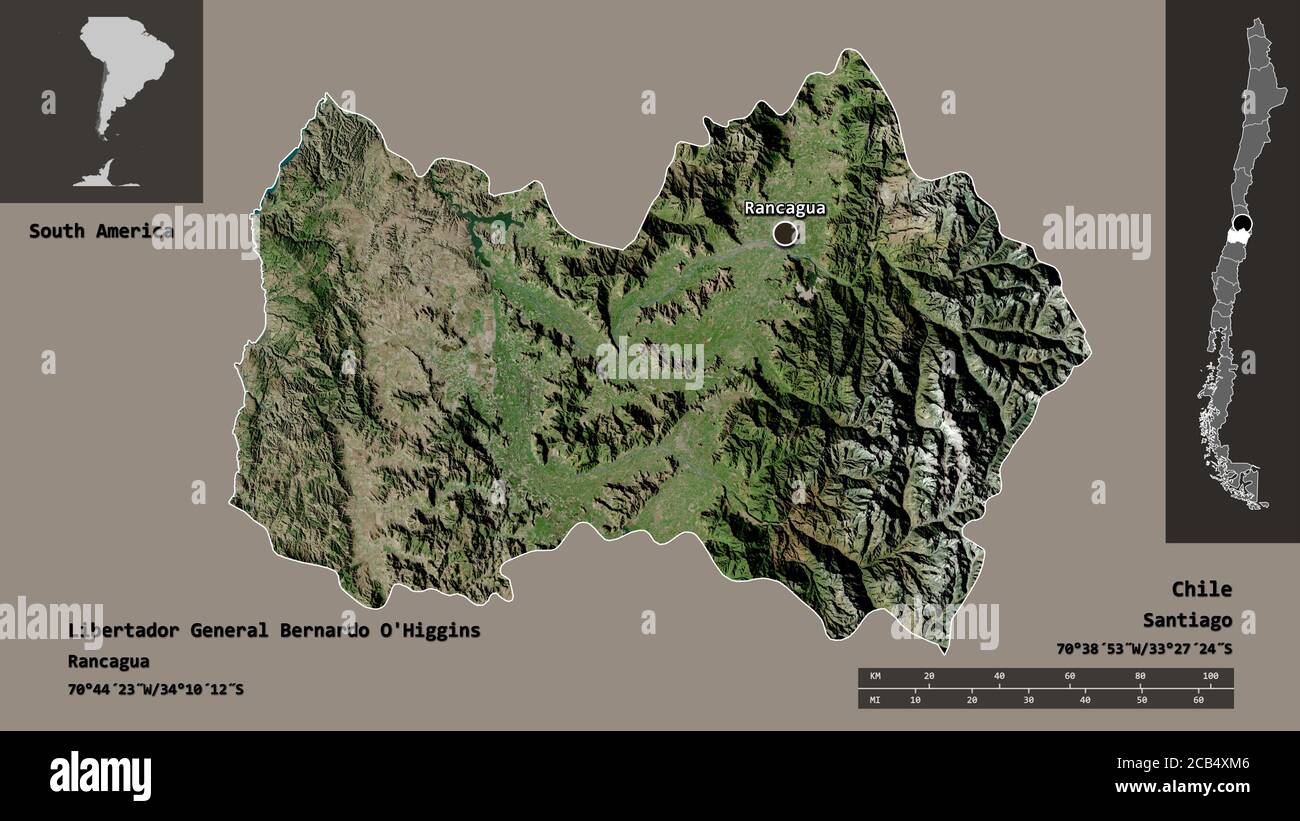 Shape of Libertador General Bernardo O'Higgins, region of Chile, and its capital. Distance scale, previews and labels. Satellite imagery. 3D rendering Stock Photo