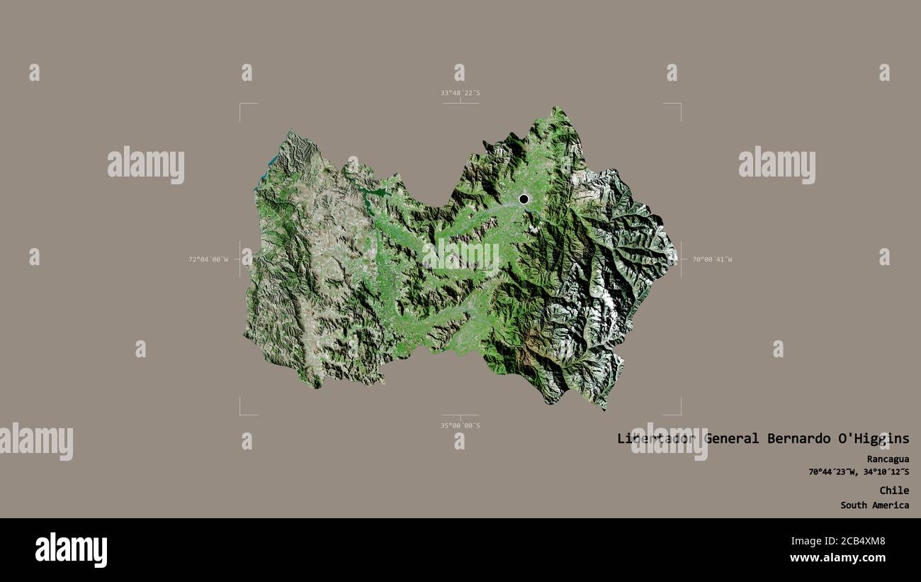 Area of Libertador General Bernardo O'Higgins, region of Chile, isolated on a solid background in a georeferenced bounding box. Labels. Satellite imag Stock Photo
