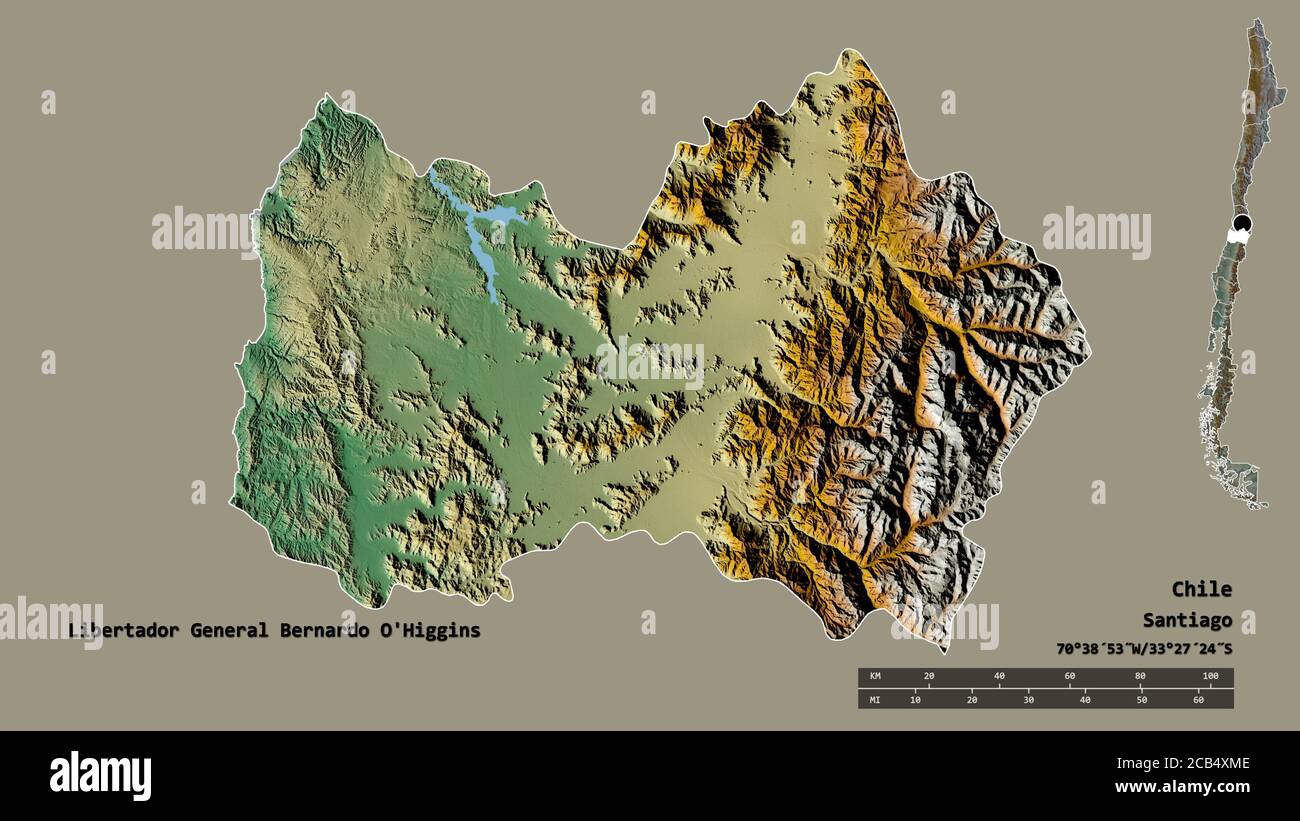 Shape of Libertador General Bernardo O'Higgins, region of Chile, with its capital isolated on solid background. Distance scale, region preview and lab Stock Photo