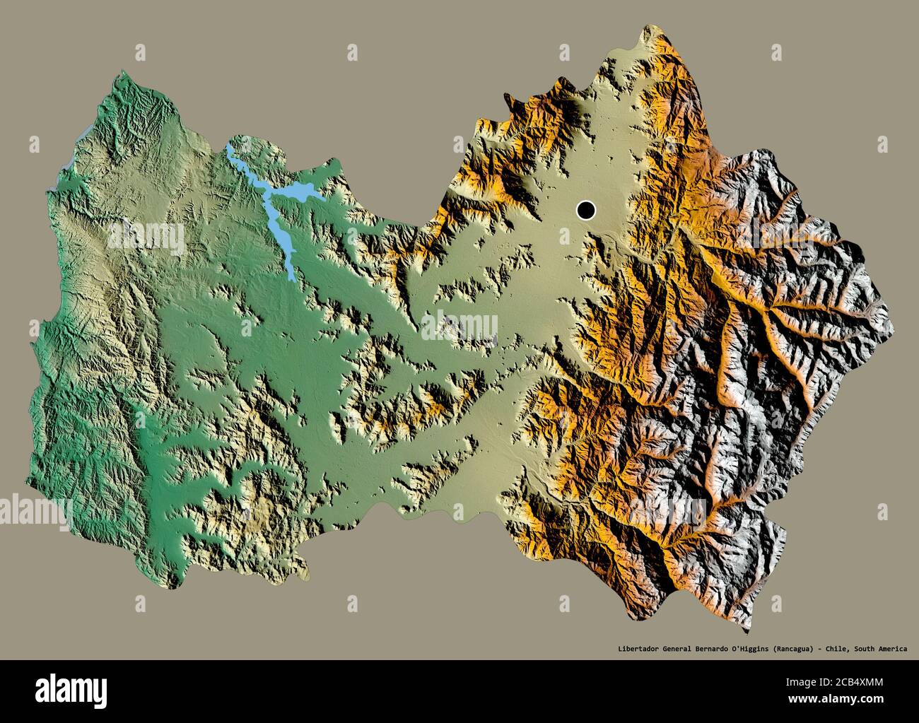Shape of Libertador General Bernardo O'Higgins, region of Chile, with its capital isolated on a solid color background. Topographic relief map. 3D ren Stock Photo