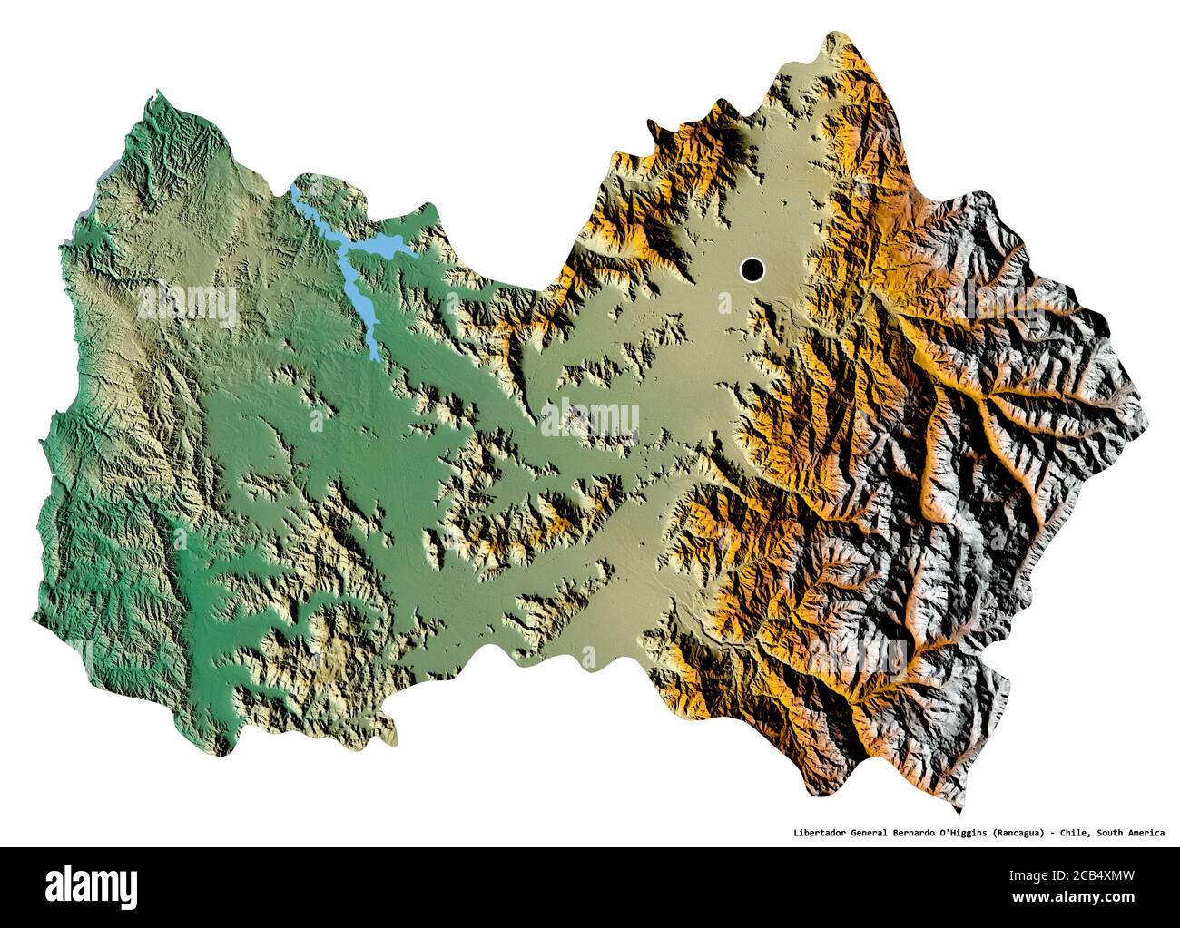 Shape of Libertador General Bernardo O'Higgins, region of Chile, with its capital isolated on white background. Topographic relief map. 3D rendering Stock Photo