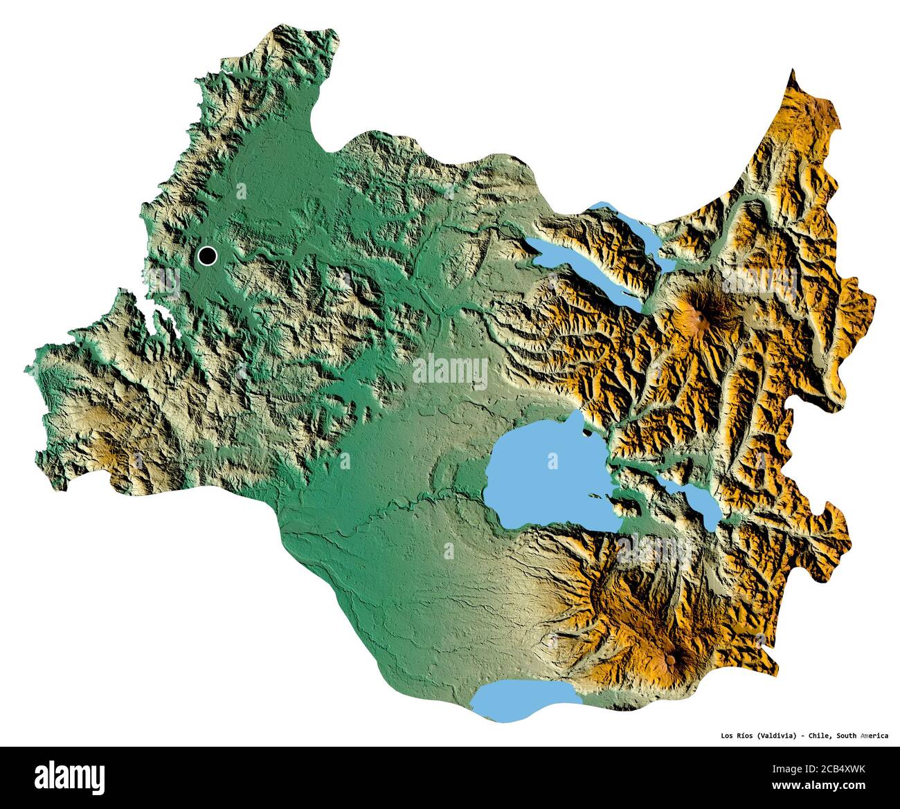 Shape of Los Ríos, region of Chile, with its capital isolated on white background. Topographic relief map. 3D rendering Stock Photo