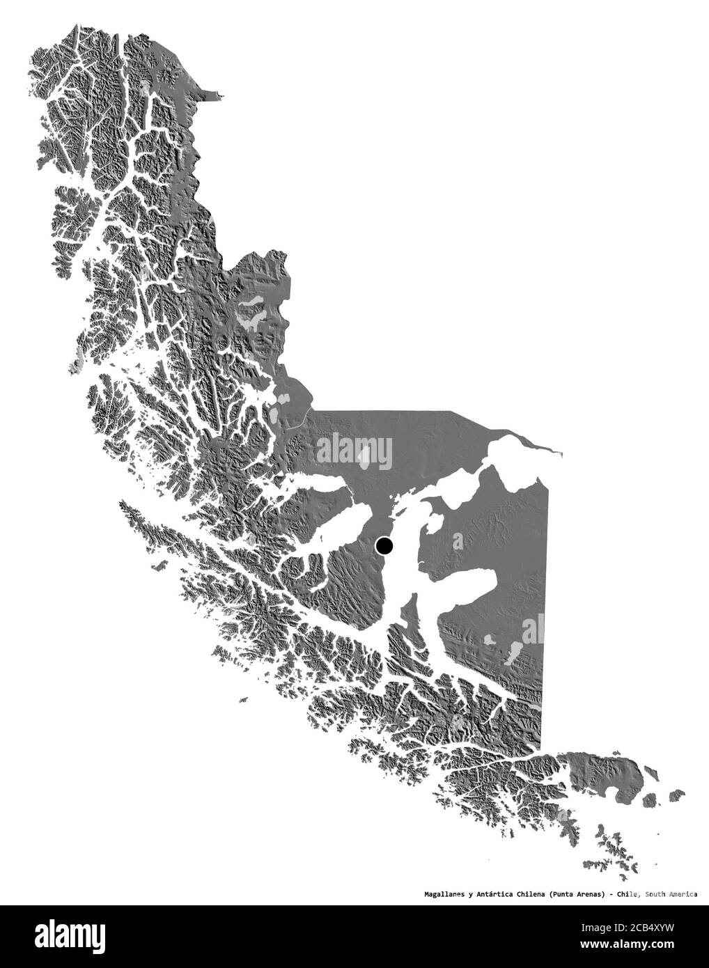 Shape of Magallanes y Antártica Chilena, region of Chile, with its capital isolated on white background. Bilevel elevation map. 3D rendering Stock Photo