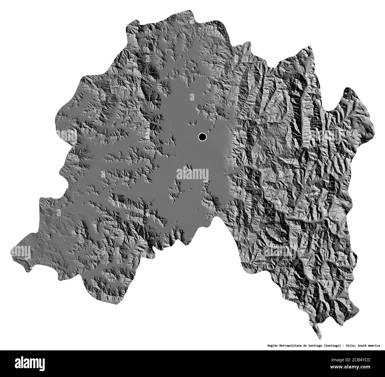 Shape of Región Metropolitana de Santiago, region of Chile, with its capital isolated on white background. Bilevel elevation map. 3D rendering Stock Photo