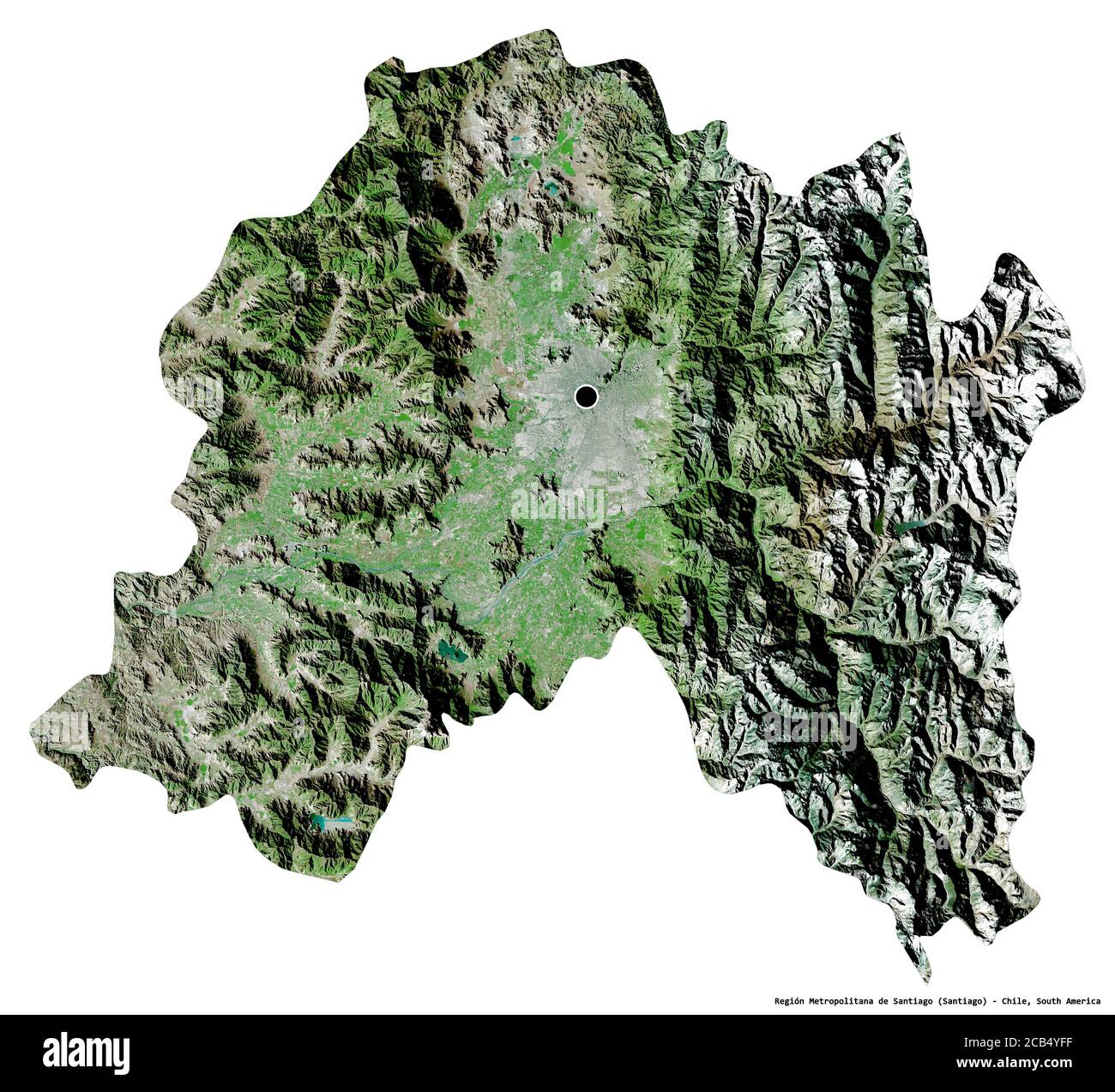 Shape of Región Metropolitana de Santiago, region of Chile, with its capital isolated on white background. Satellite imagery. 3D rendering Stock Photo