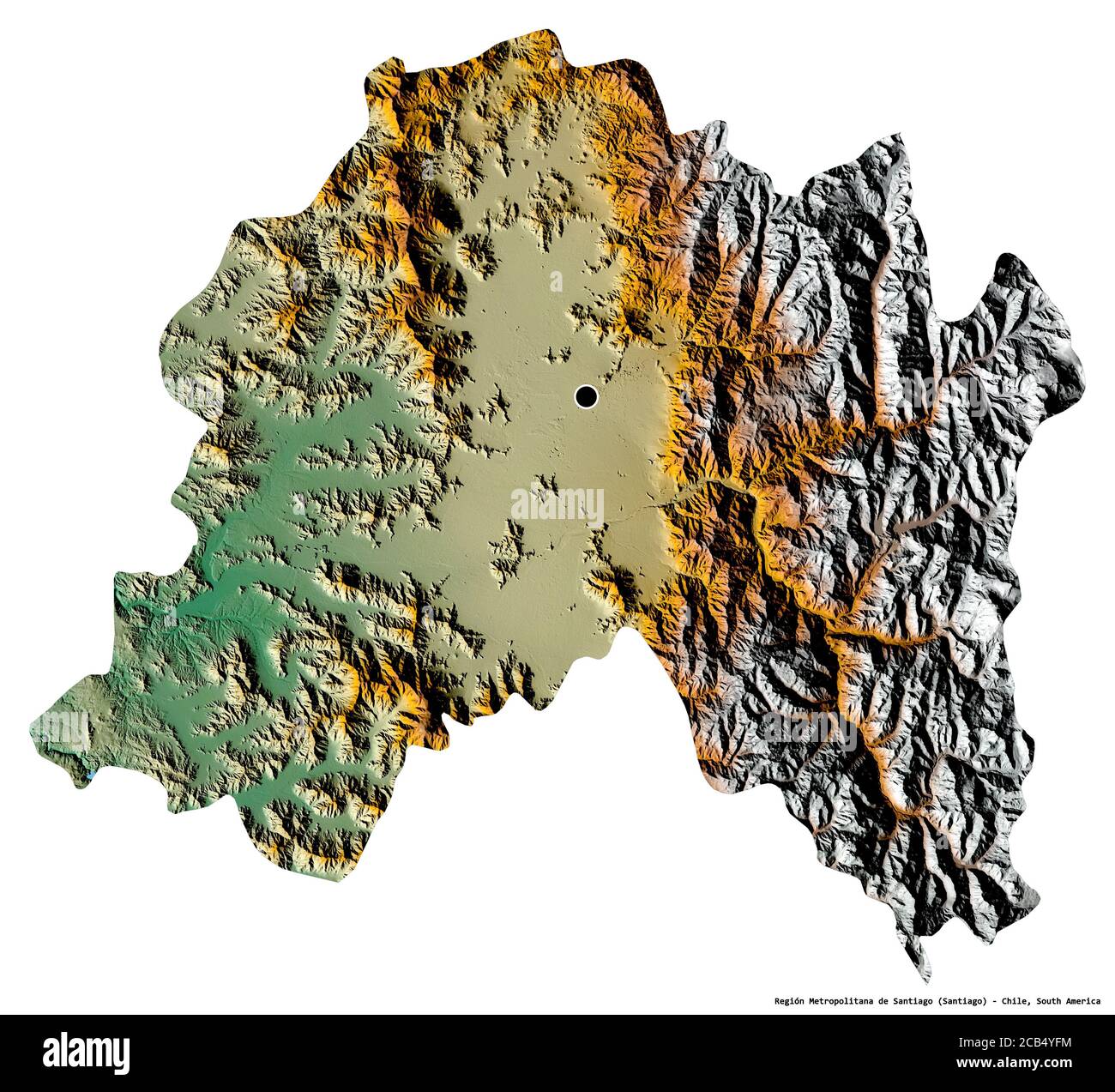 Shape of Región Metropolitana de Santiago, region of Chile, with its capital isolated on white background. Topographic relief map. 3D rendering Stock Photo