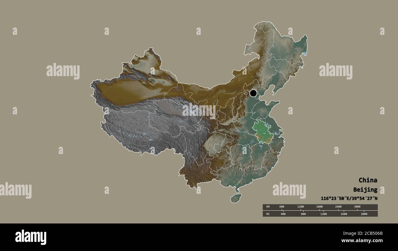 Desaturated shape of China with its capital, main regional division and the separated Anhui area. Labels. Topographic relief map. 3D rendering Stock Photo