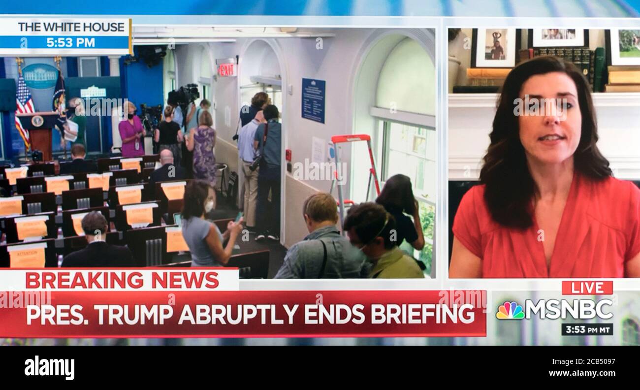 Washington, District of Columbia, USA. 10th Aug, 2020. A news network screen grab of the White House Press Room after President DONALD TRUMP was suddenly pulled out of a briefing by the Secret Service. The president returned a short time later and reported that a man had been shot outside the White House grounds by the Secret Service. Credit: Brian Cahn/ZUMA Wire/Alamy Live News Stock Photo