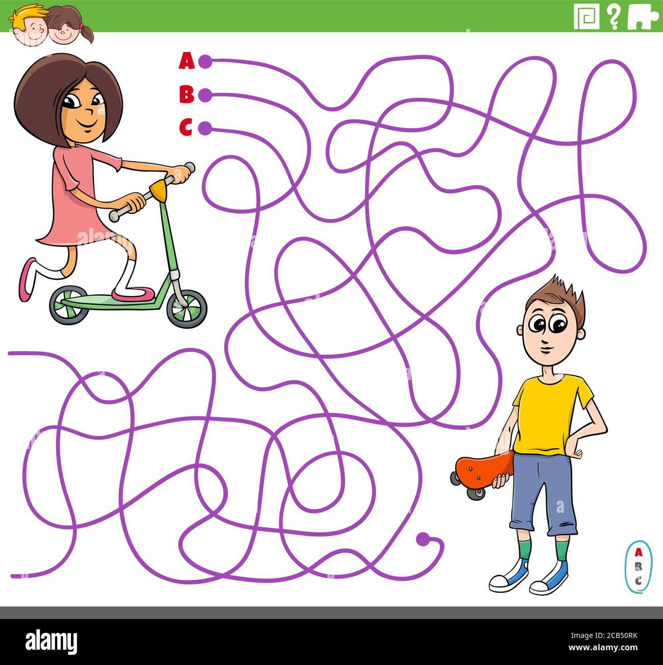 Cartoon Illustration of Lines Maze Puzzle Game with Girl on Scooter and Boy  with Skateboard Stock Vector Image & Art - Alamy