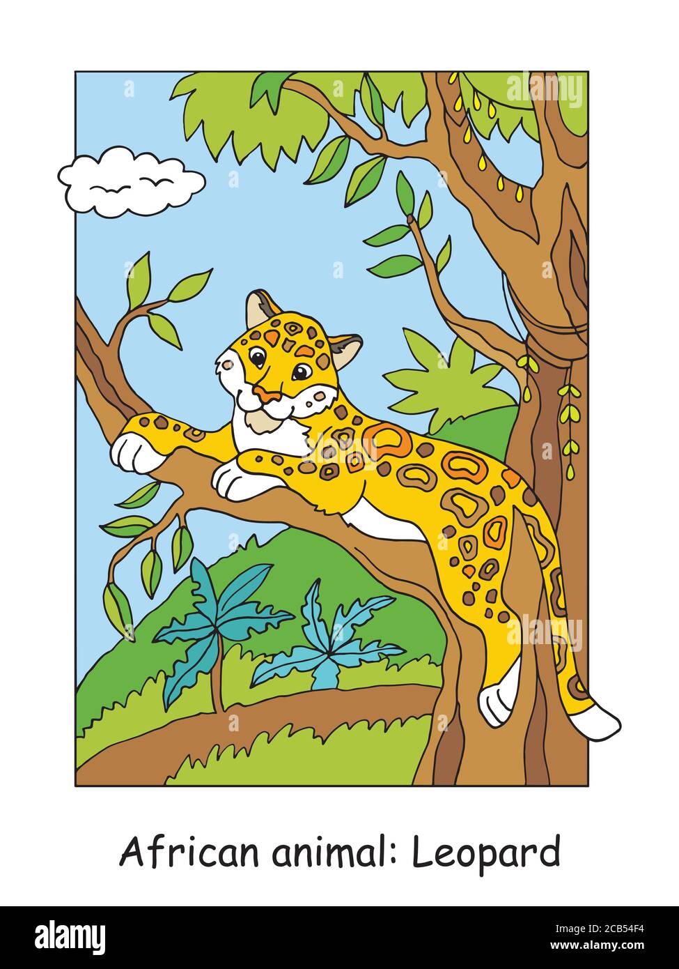Vector coloring pages with cute leopard in african area. Cartoon isolated colorful illustration. Stock illustration for design, coloring book, prescho Stock Vector