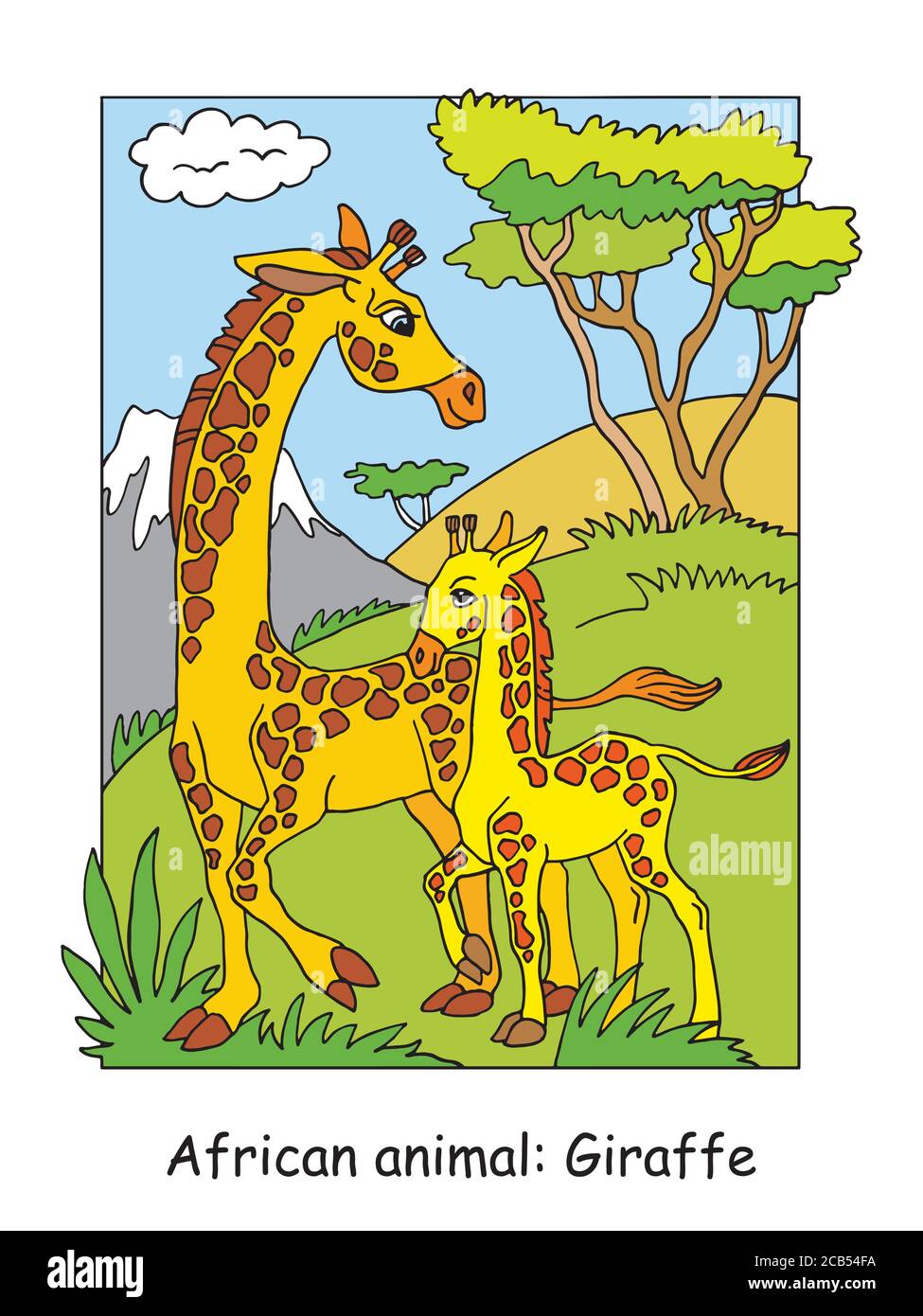 Vector coloring pages with cute giraffe family in african area. Cartoon isolated colorful illustration. Stock illustration for coloring book, preschoo Stock Vector