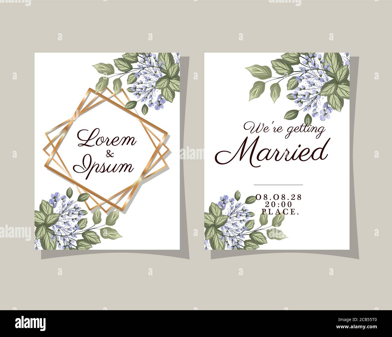 two wedding invitations with gold frames flowers and leaves on gray ...