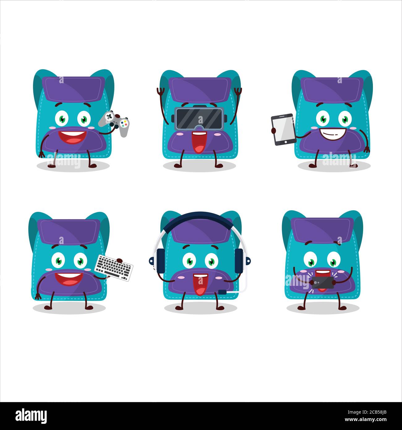 Blue bag cartoon character are playing games with various cute emoticons Stock Vector