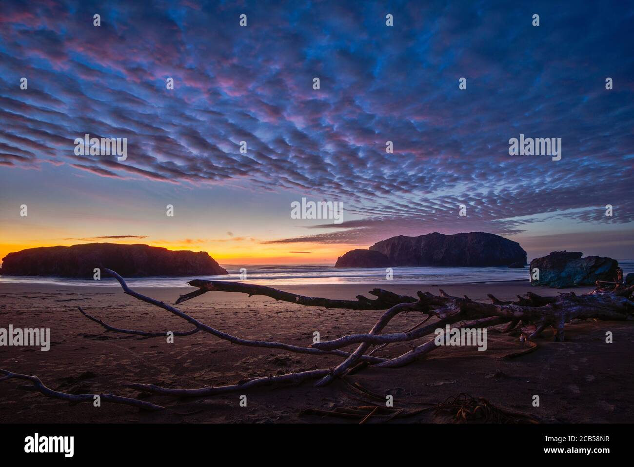 Dramatic cloud formation over a beach at sunset with driftwood.  Stock Photo