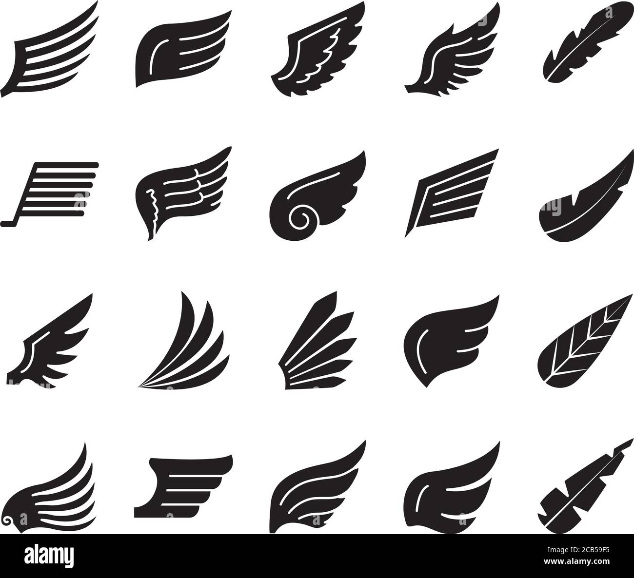 bird wings and wings icon set over white background, silhouette style