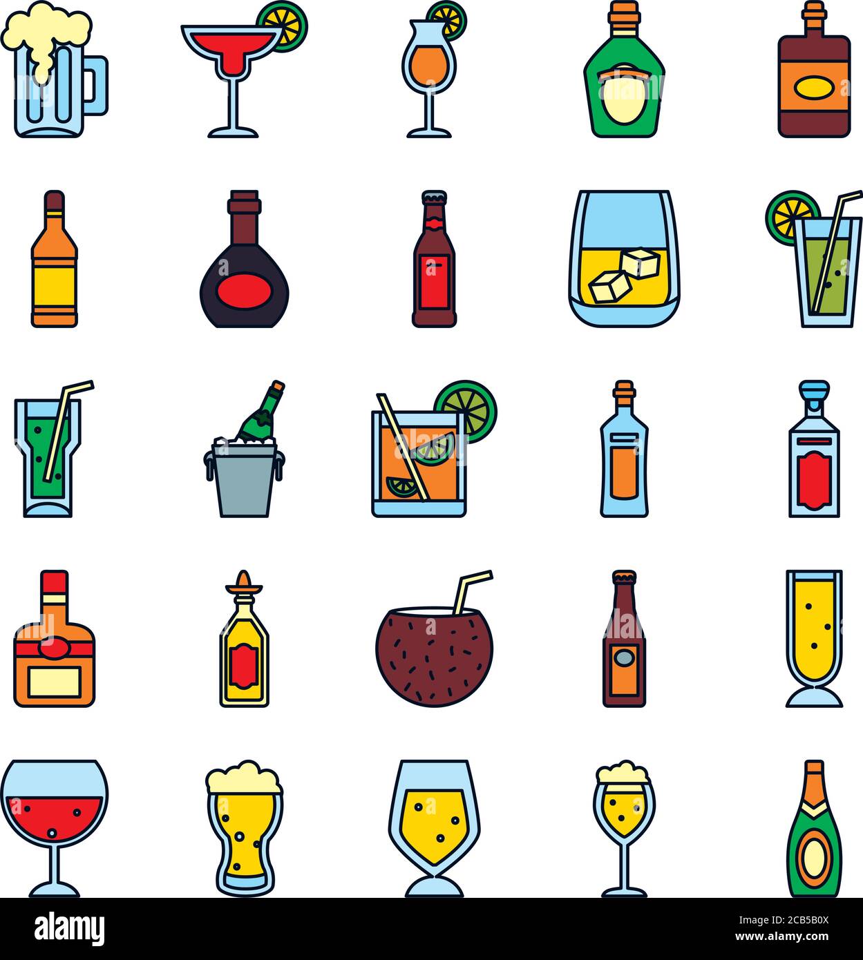 tropical cocktails and liquor bottles icon set over white background ...