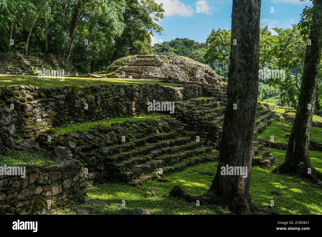 Building 18 borders the Main Plaza in the ruins of the Mayan city of Yaxchilan on the Usumacinta River in Chiapas, Mexico. Stock Photo