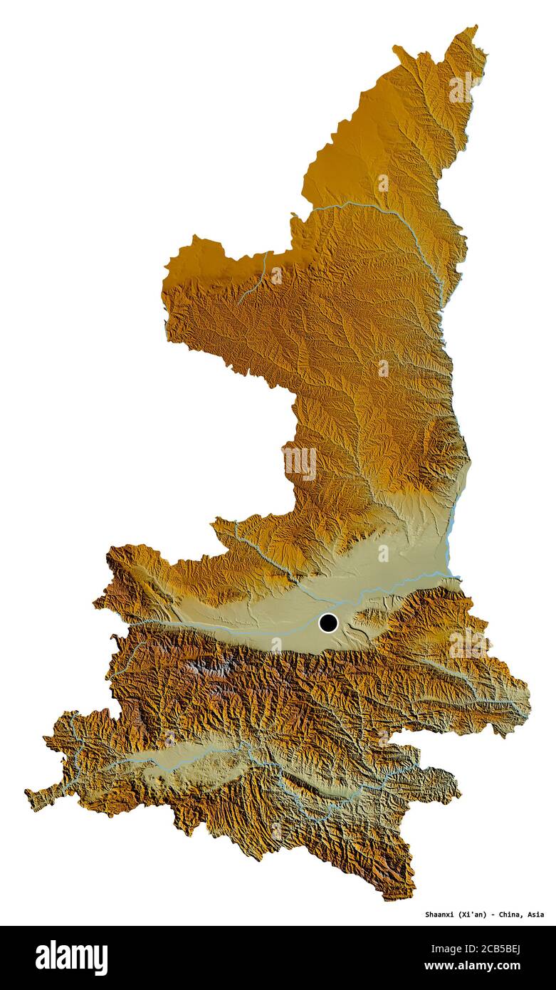 Shape of Shaanxi, province of China, with its capital isolated on white background. Topographic relief map. 3D rendering Stock Photo