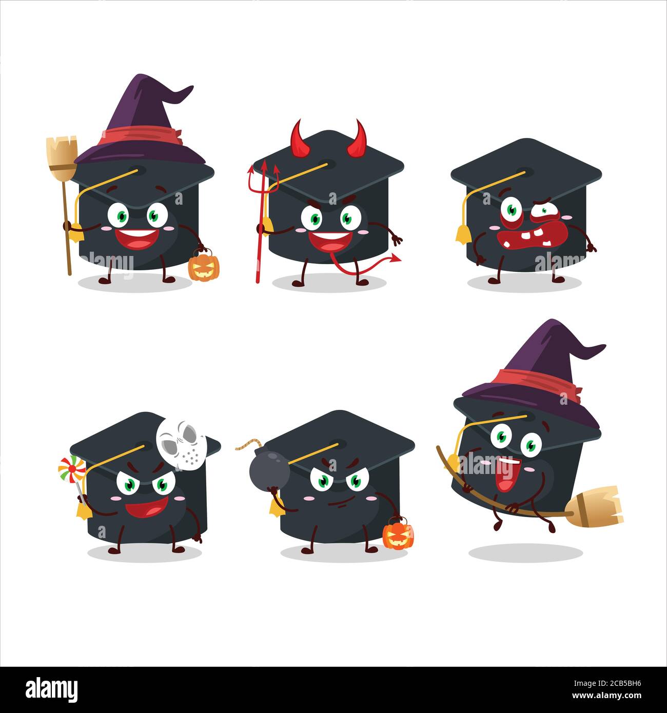 Halloween expression emoticons with cartoon character of college hat ...
