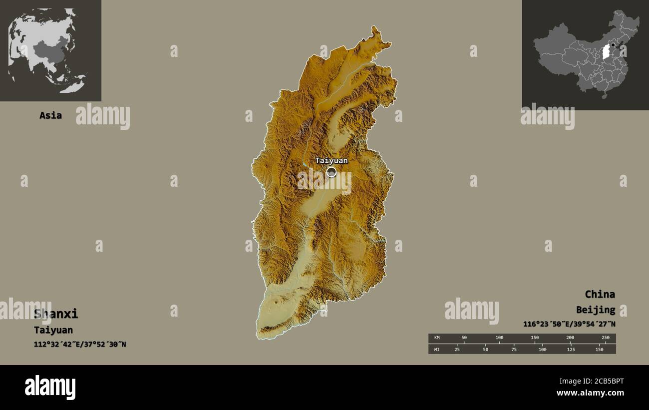 Shape of Shanxi, province of China, and its capital. Distance scale ...