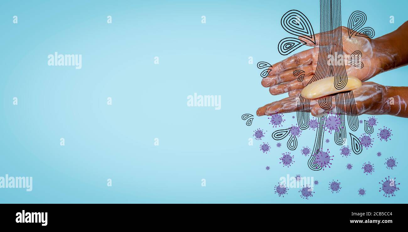 Concept image of African Australian woman washing hands with soap with stylised a hand drawn water and virus illustration, covid 19 coronavirus pandem Stock Photo