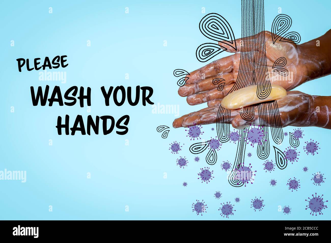 Concept image of African Australian woman washing hands with soap with stylised a hand drawn water and virus illustration, Please wash your hands text Stock Photo