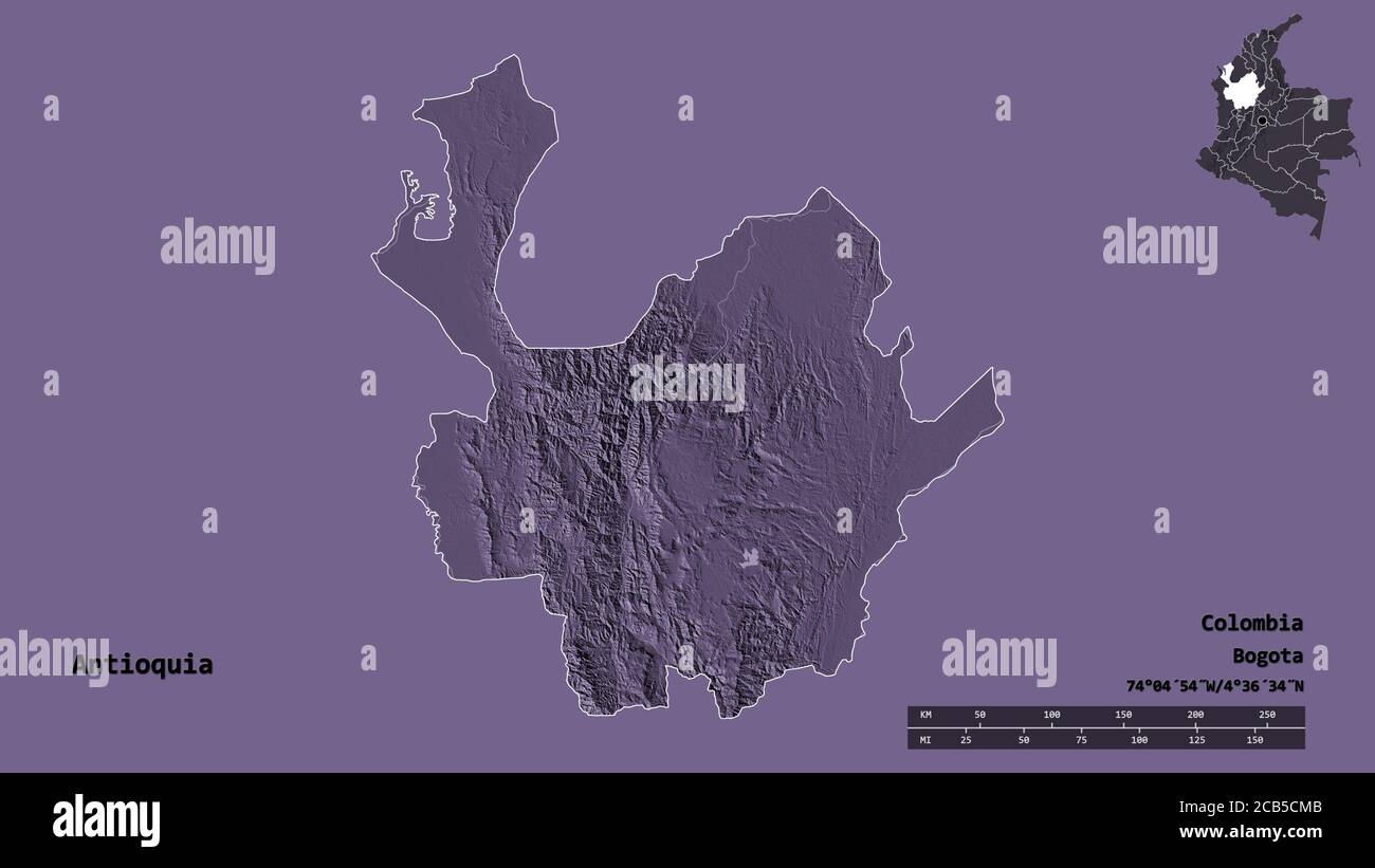 Shape of Antioquia, department of Colombia, with its capital isolated