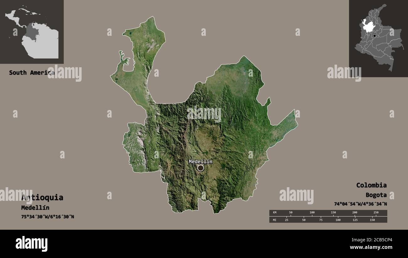 Shape of Antioquia, department of Colombia, and its capital. Distance