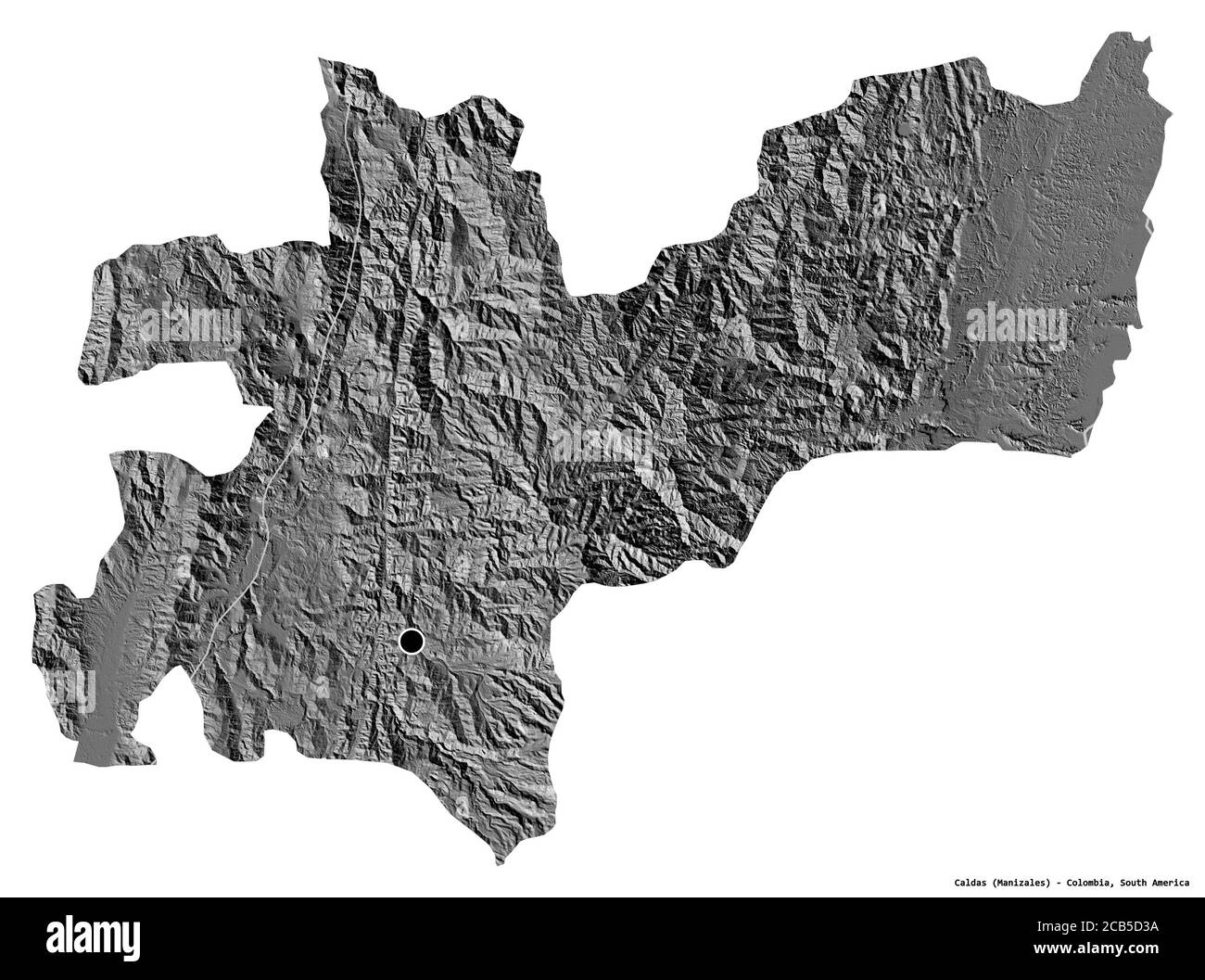 Shape of Caldas, department of Colombia, with its capital isolated on white background. Bilevel elevation map. 3D rendering Stock Photo