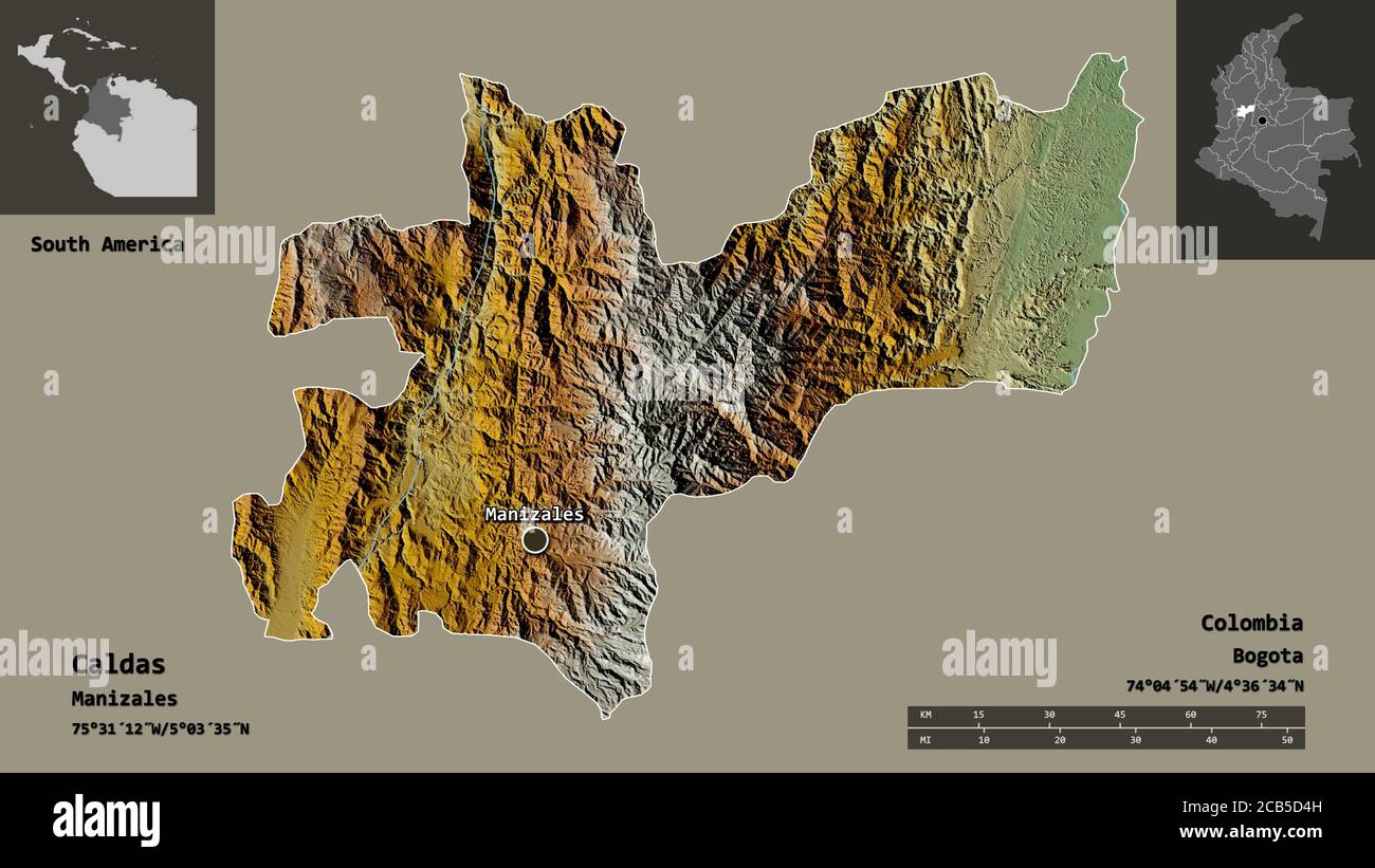 Shape of Caldas, department of Colombia, and its capital. Distance scale, previews and labels. Topographic relief map. 3D rendering Stock Photo