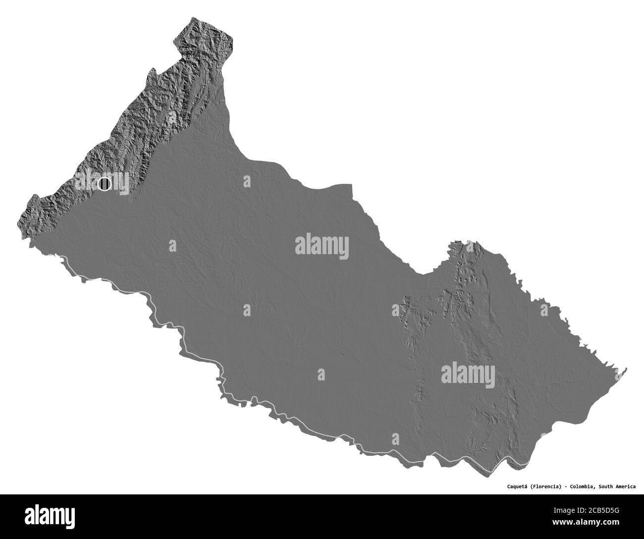Shape of Caquetá, intendancy of Colombia, with its capital isolated on white background. Bilevel elevation map. 3D rendering Stock Photo