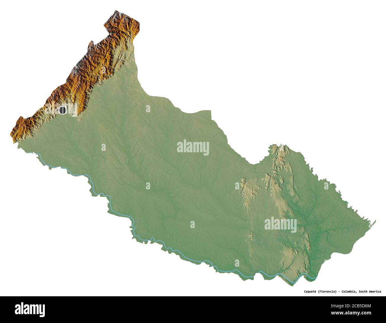 Shape of Caquetá, intendancy of Colombia, with its capital isolated on white background. Topographic relief map. 3D rendering Stock Photo