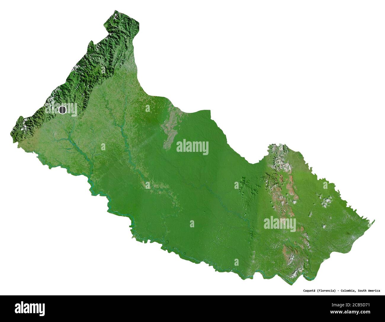 Shape of Caquetá, intendancy of Colombia, with its capital isolated on white background. Satellite imagery. 3D rendering Stock Photo