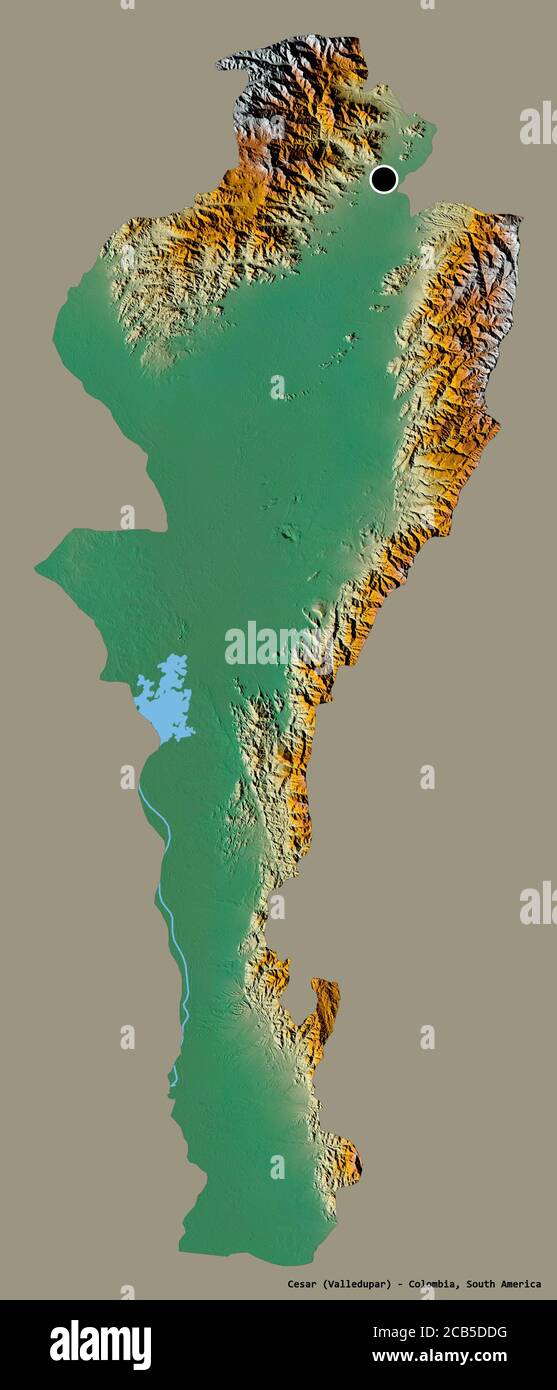 Shape of Cesar, department of Colombia, with its capital isolated on a solid color background. Topographic relief map. 3D rendering Stock Photo
