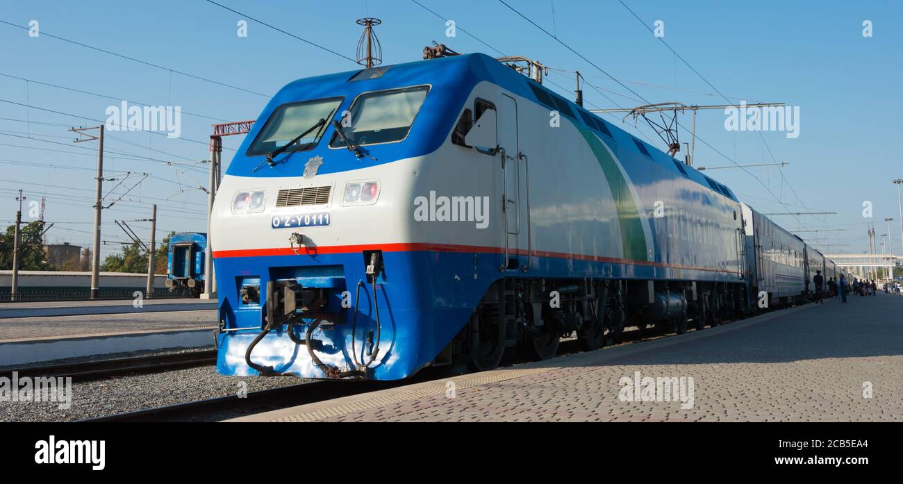 Tashkent, Uzbekistan - O'Z-Y Electric locomotive at Tashkent South Railway station in Tashkent, Uzbekistan. O'Z-Y made by CRRC Stock Photo