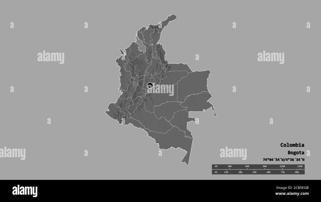 Desaturated shape of Colombia with its capital, main regional division and the separated Sucre area. Labels. Bilevel elevation map. 3D rendering Stock Photo