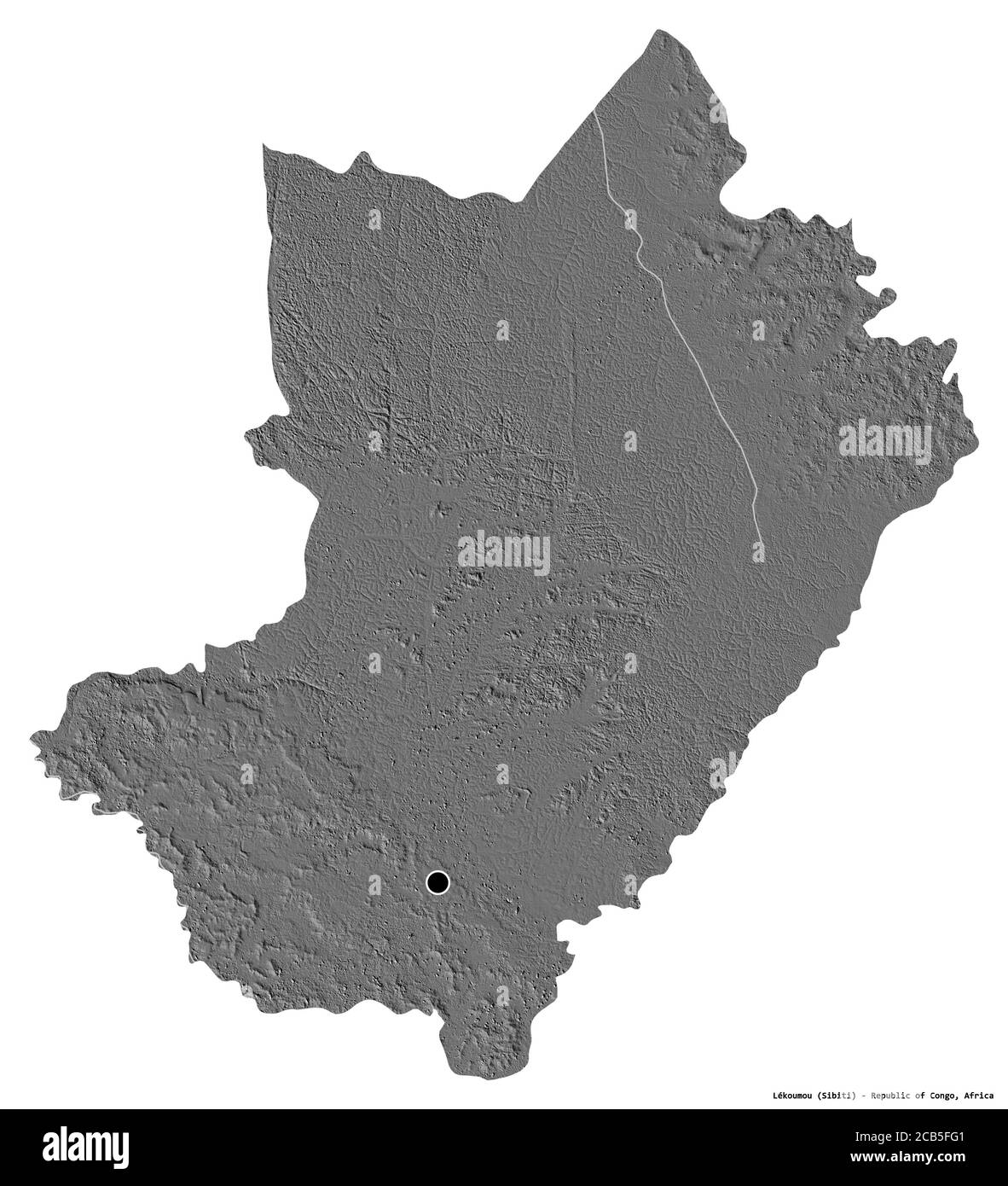 Shape of Lékoumou, region of Republic of Congo, with its capital isolated on white background. Bilevel elevation map. 3D rendering Stock Photo