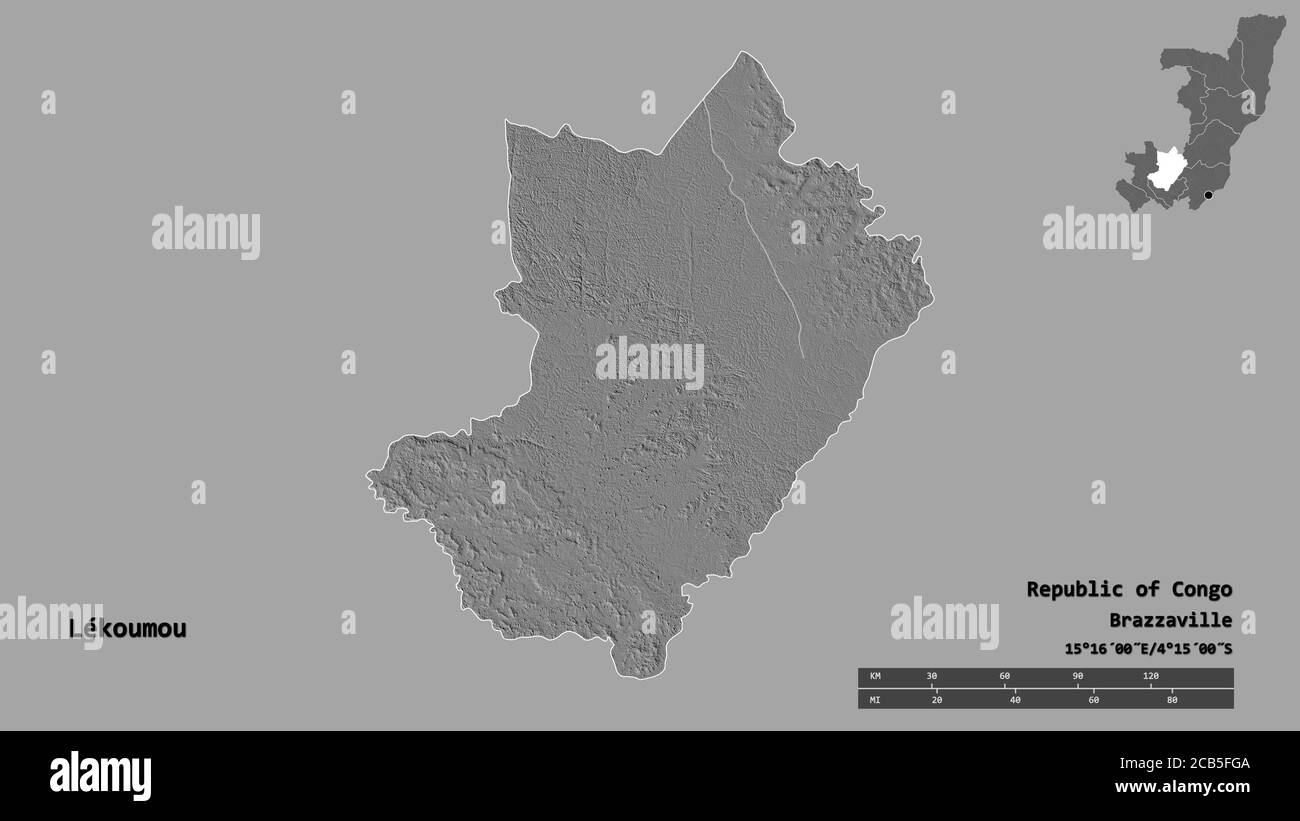 Shape of Lékoumou, region of Republic of Congo, with its capital isolated on solid background. Distance scale, region preview and labels. Bilevel elev Stock Photo