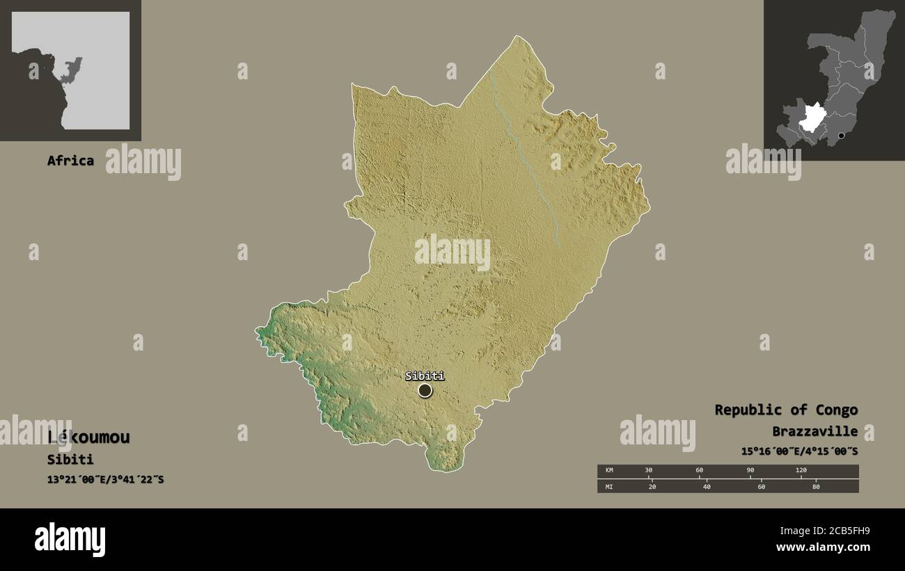 Shape of Lékoumou, region of Republic of Congo, and its capital. Distance scale, previews and labels. Topographic relief map. 3D rendering Stock Photo