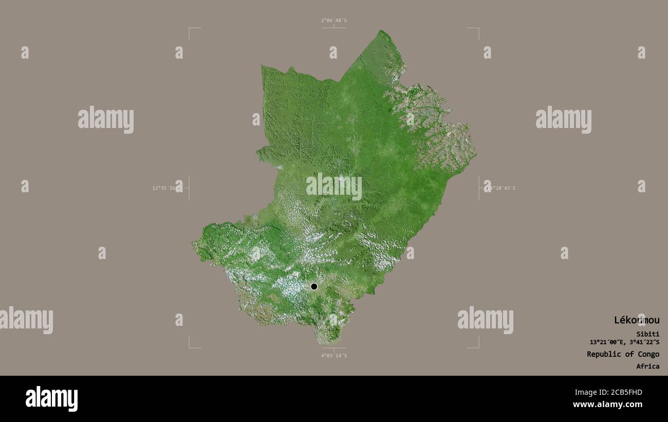 Area of Lékoumou, region of Republic of Congo, isolated on a solid background in a georeferenced bounding box. Labels. Satellite imagery. 3D rendering Stock Photo