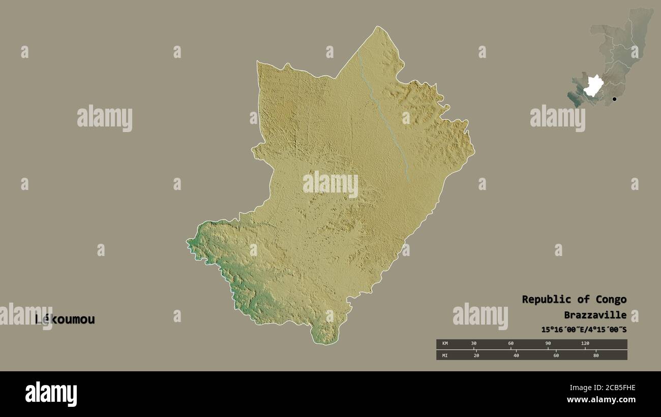 Shape of Lékoumou, region of Republic of Congo, with its capital isolated on solid background. Distance scale, region preview and labels. Topographic Stock Photo